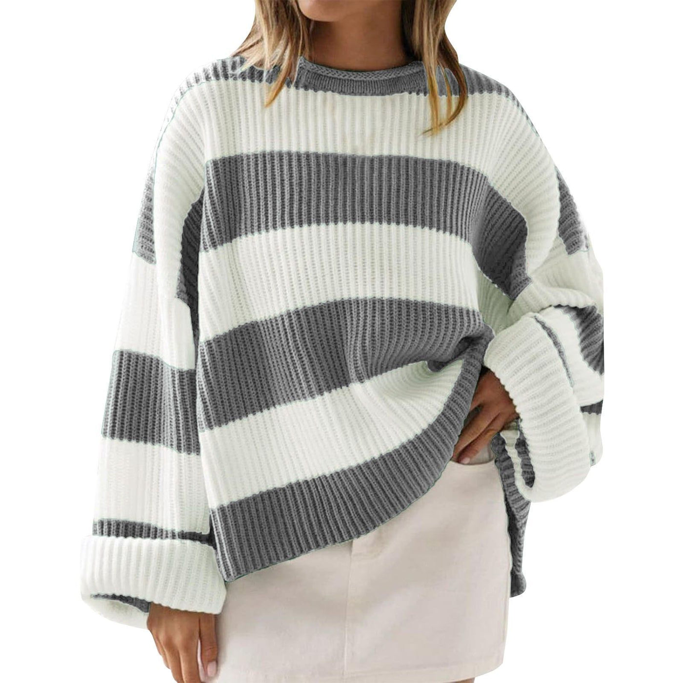 Loose Striped Sweater Fashion Casual Long Batwing Sleeve Round Neck Pullover Knit Tops Women Clothing