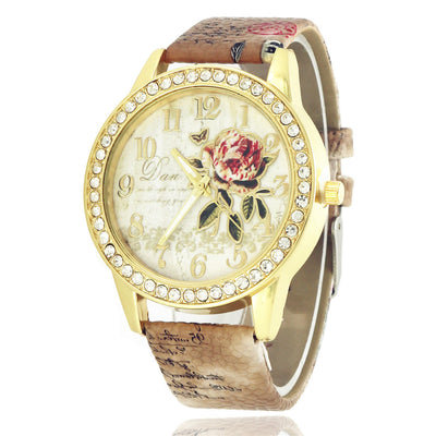Diamond-inlaid Gold Case Rose Pattern Fashion Quartz Watch