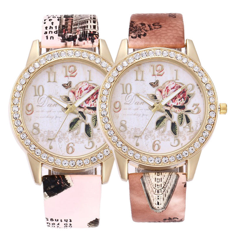 Diamond-inlaid Gold Case Rose Pattern Fashion Quartz Watch