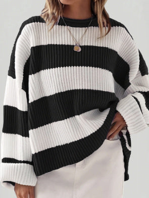 Loose Striped Sweater Fashion Casual Long Batwing Sleeve Round Neck Pullover Knit Tops Women Clothing