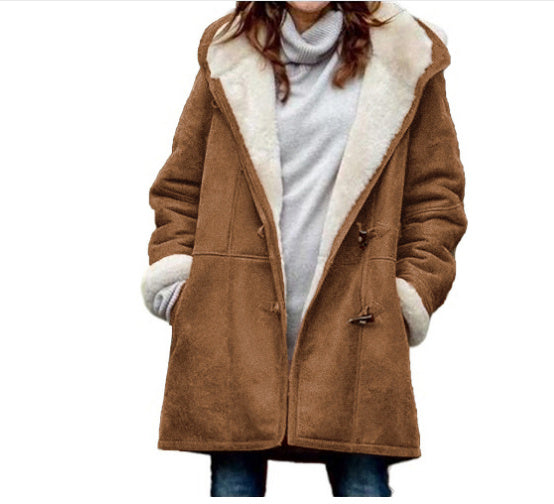 Winter Button Coat Fashion Warm Hooded Jacket With Pockets Women's Clothing