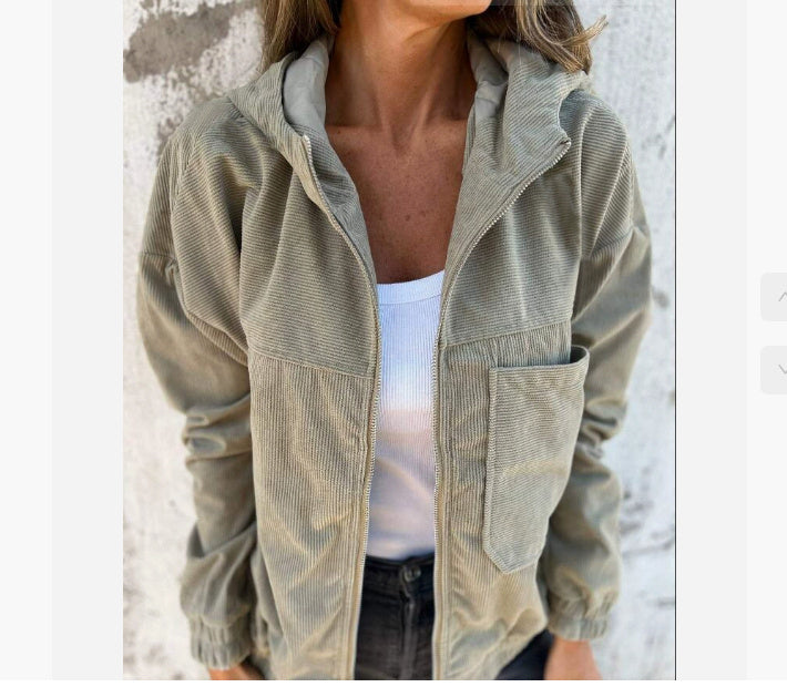 Corduroy Hooded Zip-up Jacket With Pockets Fashion Casual Drawstring Tops Outerwear Women's Clothing
