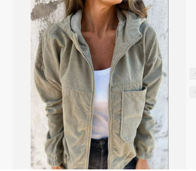Corduroy Hooded Zip-up Jacket With Pockets Fashion Casual Drawstring Tops Outerwear Women's Clothing