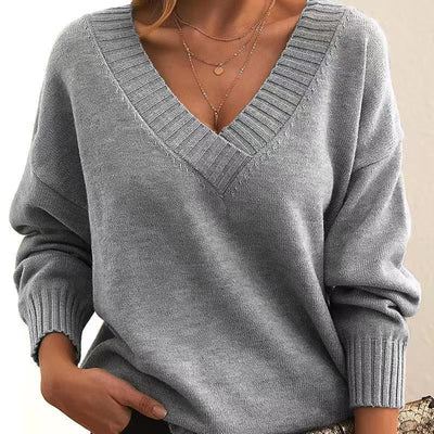 Solid V-neck Sweater Fashion Loose Long-sleeved Knitted Tops Autumn And Winter Women's Clothing