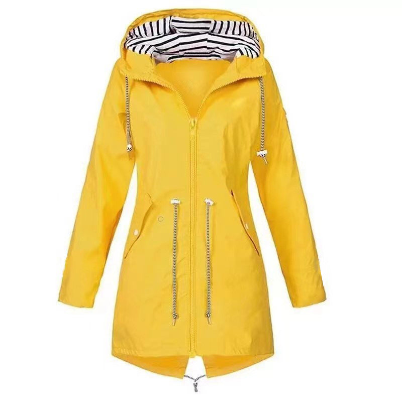 Womens Waterproof Raincoat Casual Basic Outdoors Drawstring Trench Lightweight Drawstring Jackets Hiking Clothes For Women
