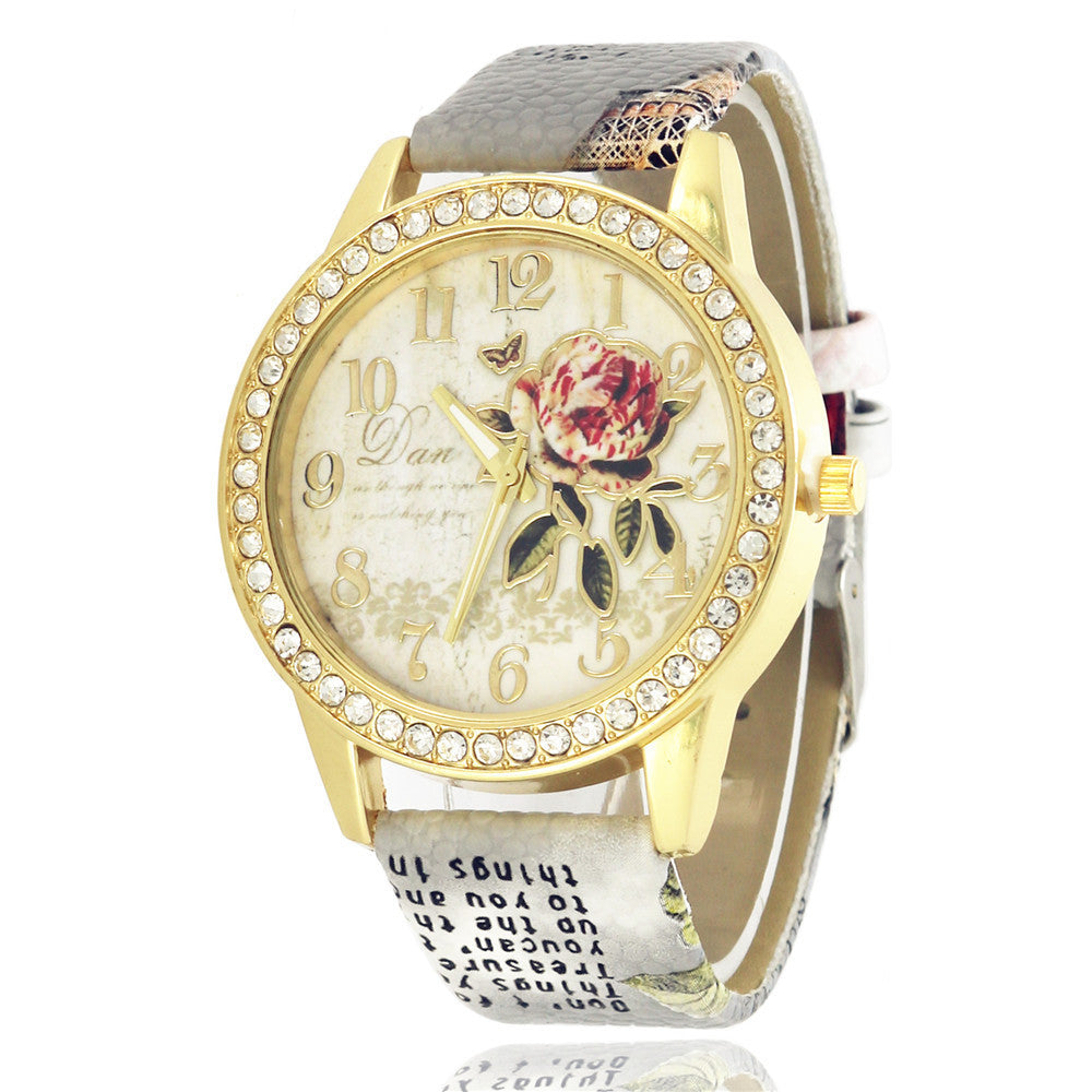 Diamond-inlaid Gold Case Rose Pattern Fashion Quartz Watch
