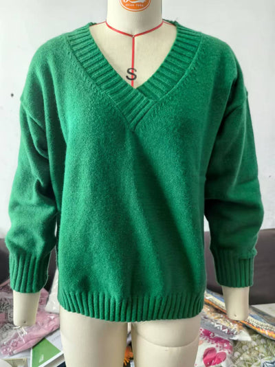 Solid V-neck Sweater Fashion Loose Long-sleeved Knitted Tops Autumn And Winter Women's Clothing