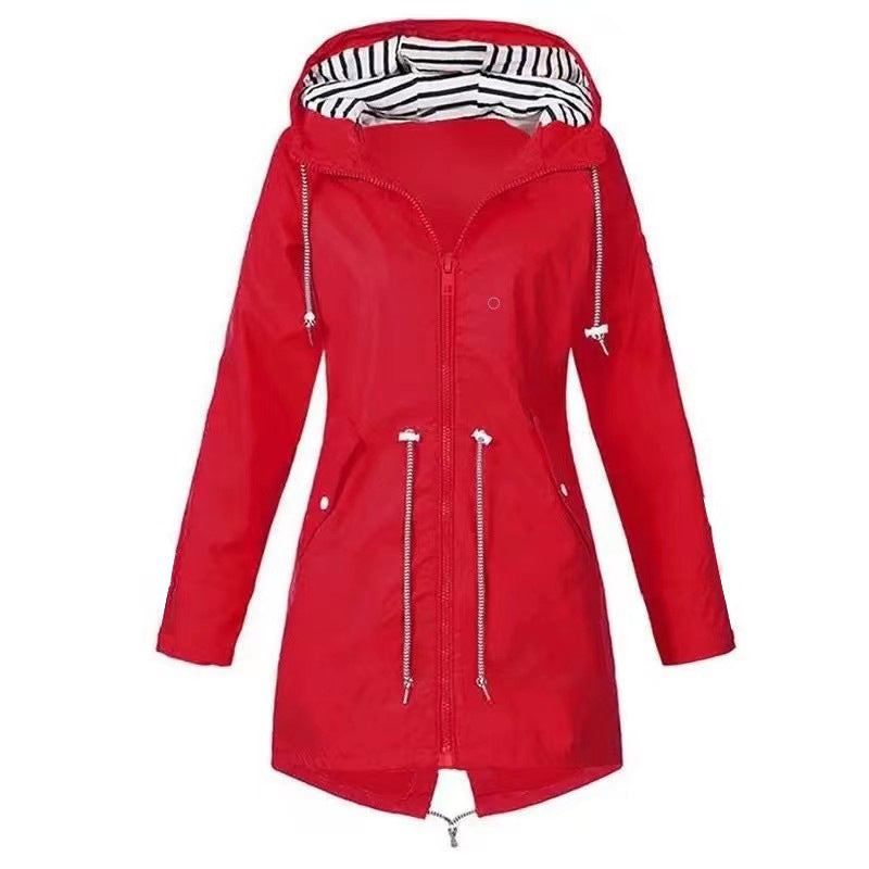 Womens Waterproof Raincoat Casual Basic Outdoors Drawstring Trench Lightweight Drawstring Jackets Hiking Clothes For Women