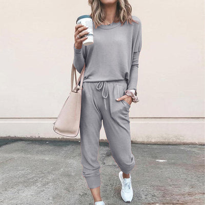 Women's Long Sleeve Suit Fashion Pullover Top And Pockets Drawstring Long Pants Solid Color Casual Sports Trouser Suit Clothing