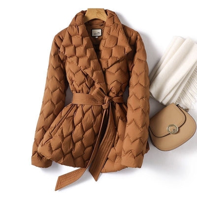 Winter Ripple-stitching Jacket With Belt Fashion Warm Pockets Lapel Coat Women's Temperament Lightweight Outwear Clothing