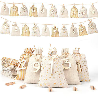Christmas Bronzing Cotton And Linen Digital Tag Drawstring Bag Set