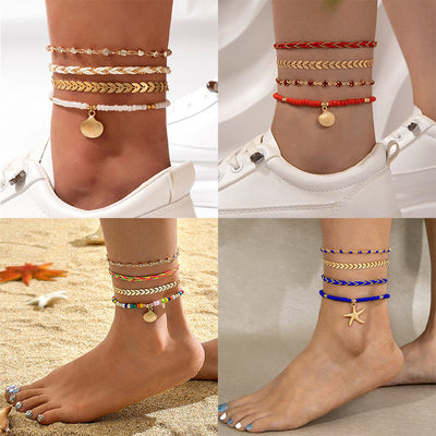 4pcs Set Bohemian Woven Rope Foot Chain For Men And Women Geometric Alloy Black Beads Dropping Oil Anklet Set Summer Fashion Jewelry