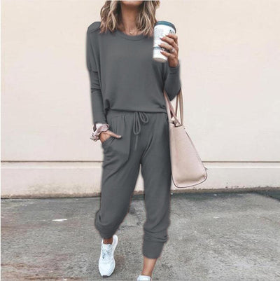 Women's Long Sleeve Suit Fashion Pullover Top And Pockets Drawstring Long Pants Solid Color Casual Sports Trouser Suit Clothing