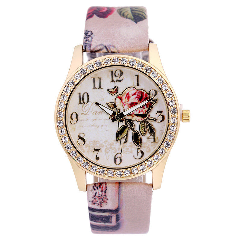 Diamond-inlaid Gold Case Rose Pattern Fashion Quartz Watch