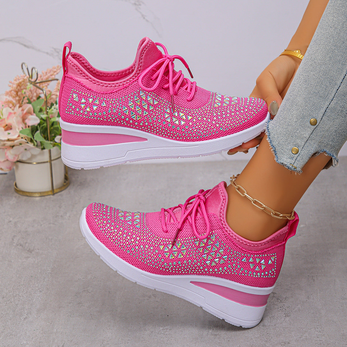 Ins Rhinestone Sneakers Fashion Lace Up Wedges Casual Shoes Women's Daily Commuting Sports Shoes