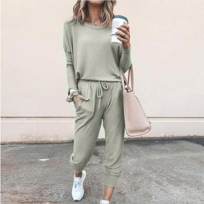 Women's Long Sleeve Suit Fashion Pullover Top And Pockets Drawstring Long Pants Solid Color Casual Sports Trouser Suit Clothing