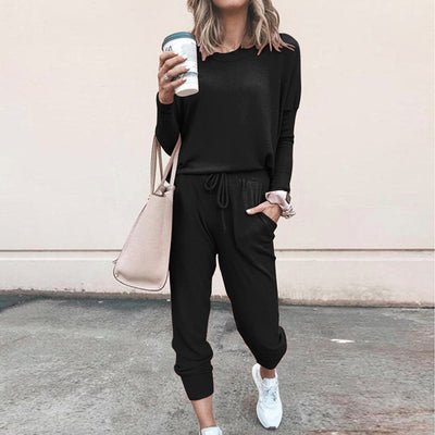 Women's Long Sleeve Suit Fashion Pullover Top And Pockets Drawstring Long Pants Solid Color Casual Sports Trouser Suit Clothing