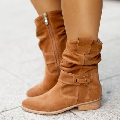 Ins Pointed Toe Mid-calf Boots Fashion Suede Zipper Western Boot Winter Shoes For Women