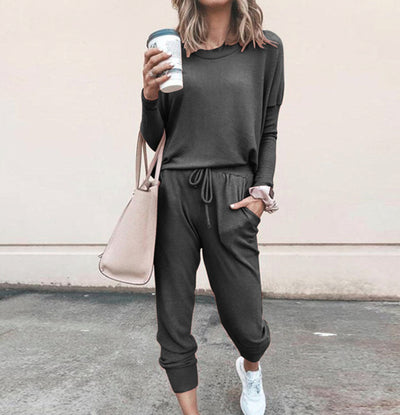Women's Long Sleeve Suit Fashion Pullover Top And Pockets Drawstring Long Pants Solid Color Casual Sports Trouser Suit Clothing